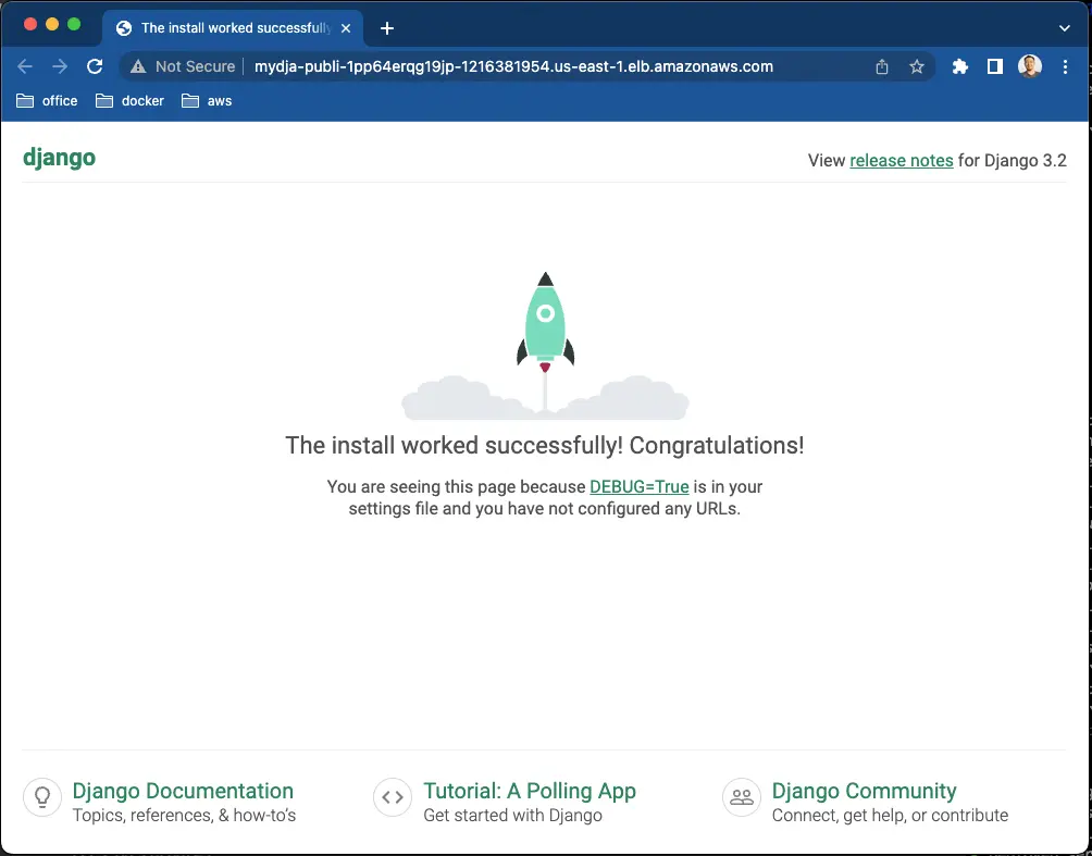 Sample view from a browser of a Django app default debug page stating “The install worked successfully! Congratulations!”