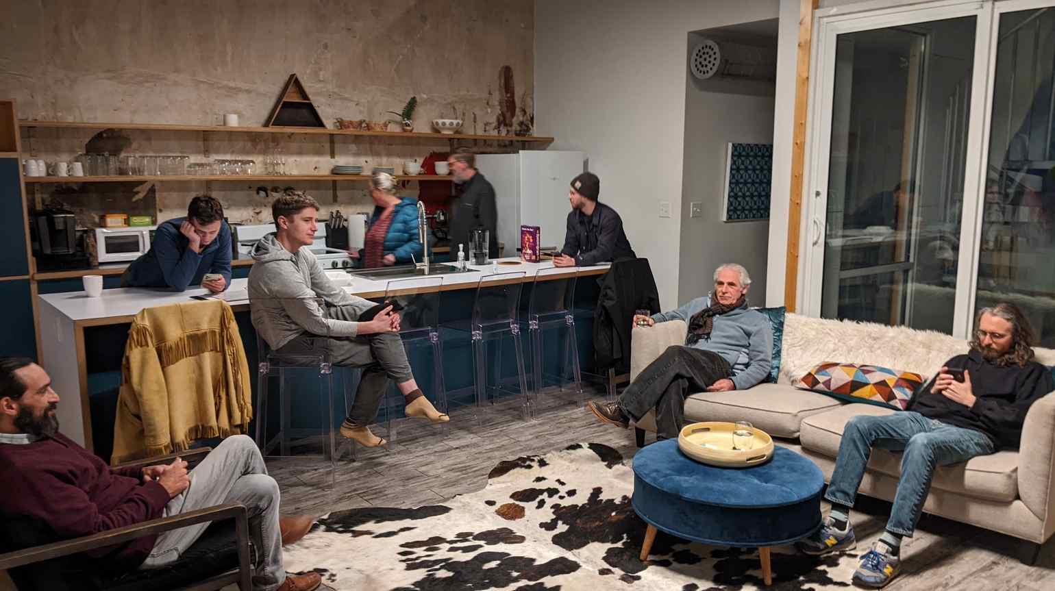 Pigeon. Eight End Pointers relax and chat on a modern-looking couch and at a bar